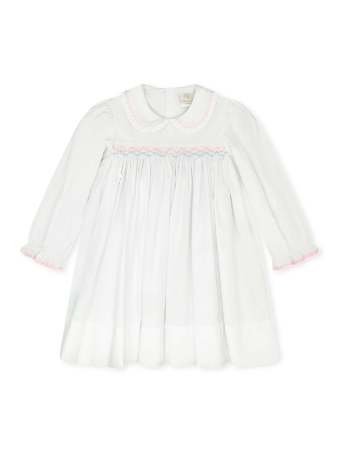 Michelle Dress: Willow White Pique with Pink &amp; Blue Smocking