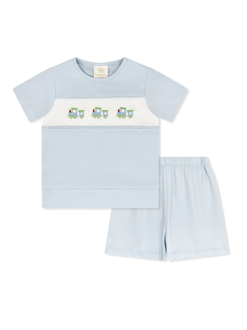 Bayou Bloomer/Short Set: Cloud Blue with Train Embroidery