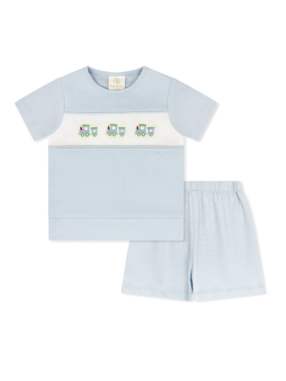 Bayou Bloomer/Short Set: Cloud Blue with Train Embroidery