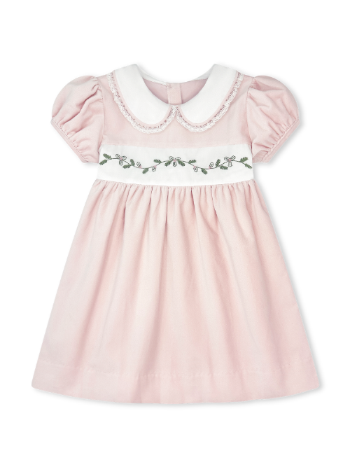 Sue Shaw Dress: Petite Pink Velvet with Holly Embroidery