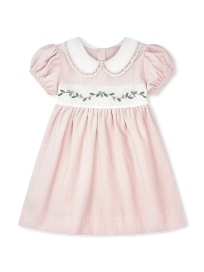 Sue Shaw Dress: Petite Pink Velvet with Holly Embroidery