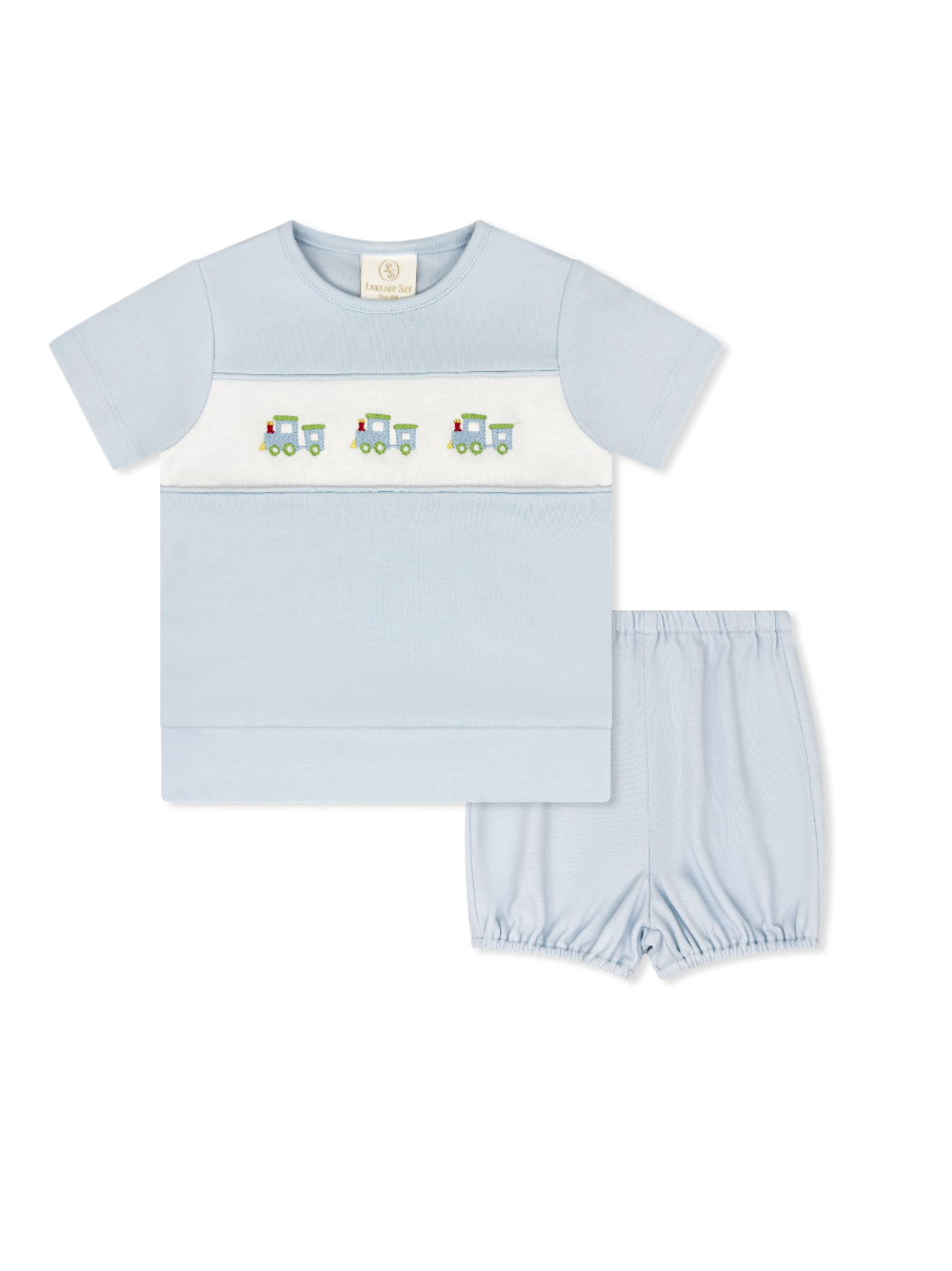 Bayou Bloomer/Short Set: Cloud Blue with Train Embroidery
