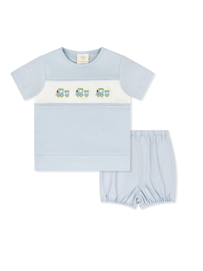 Bayou Bloomer/Short Set: Cloud Blue with Train Embroidery