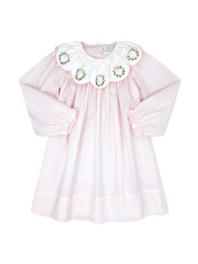 Chloe Dress: Blessings Pink Batiste with Wreath Embroidery