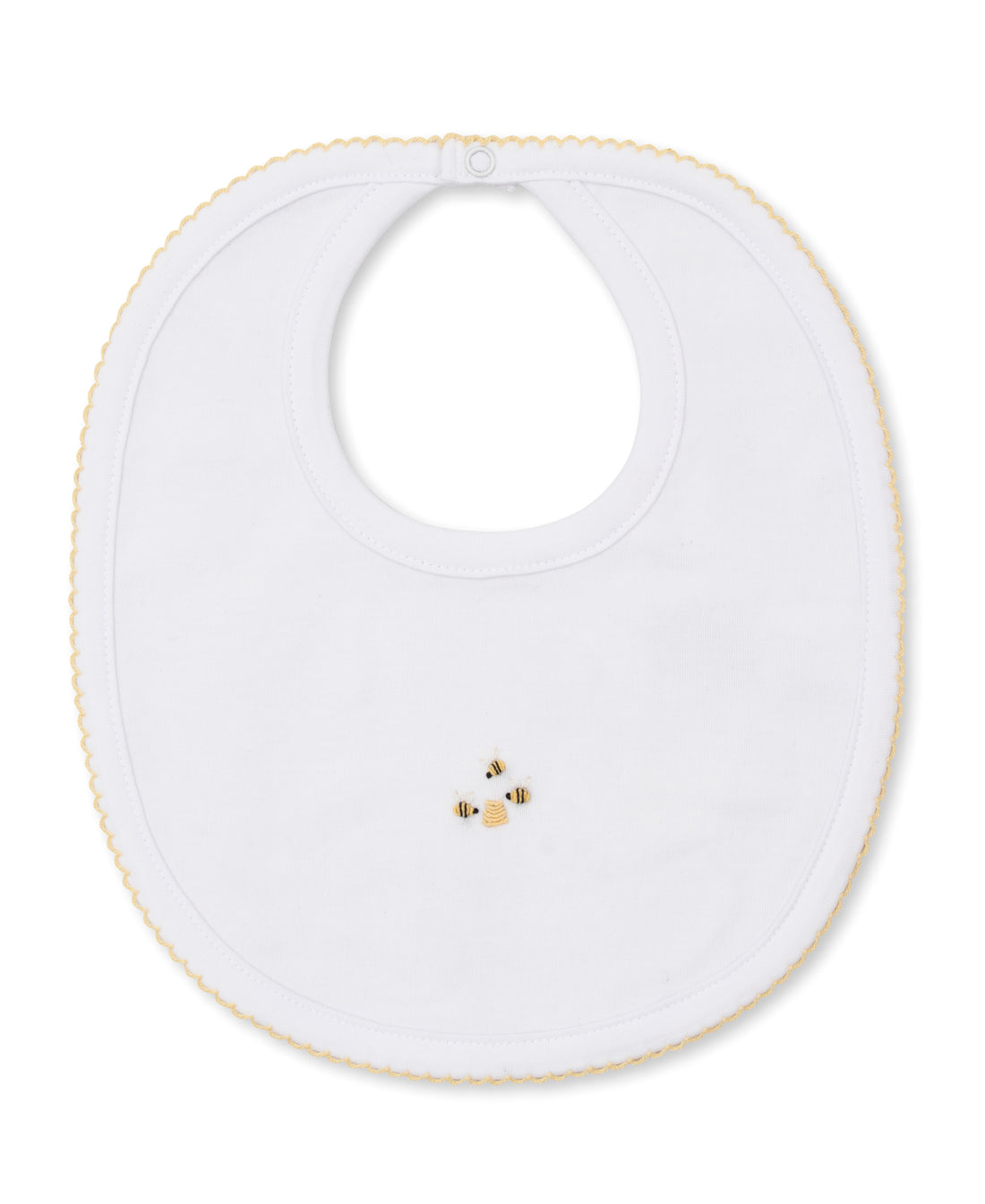 Beehive Hand Embroidered Bib: White with Yellow Trim