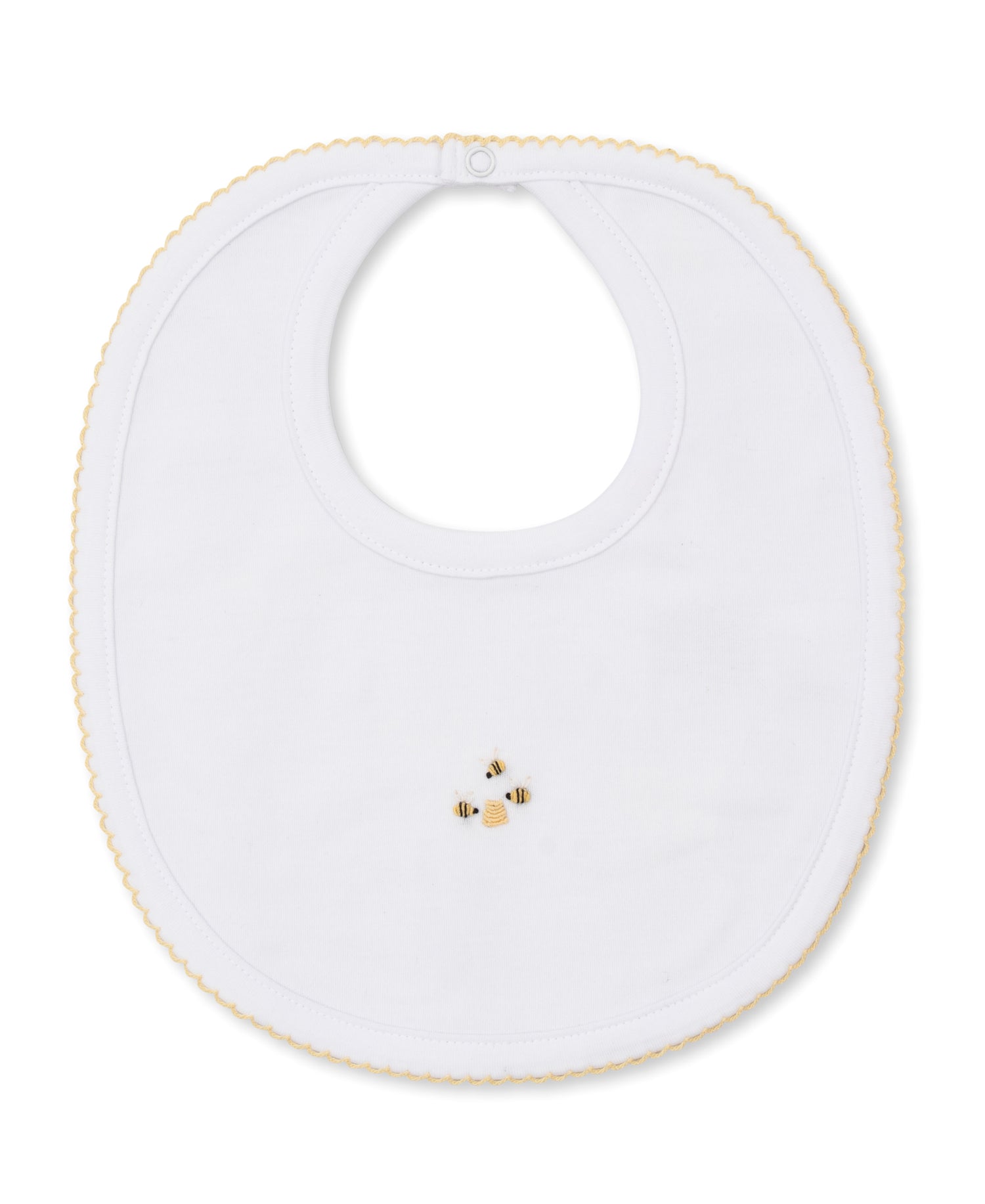 Beehive Hand Embroidered Bib: White with Yellow Trim