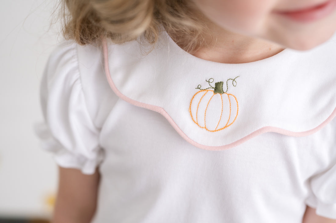 Short Sleeve Scarlett Blouse: White with Pumpkin Embroidery