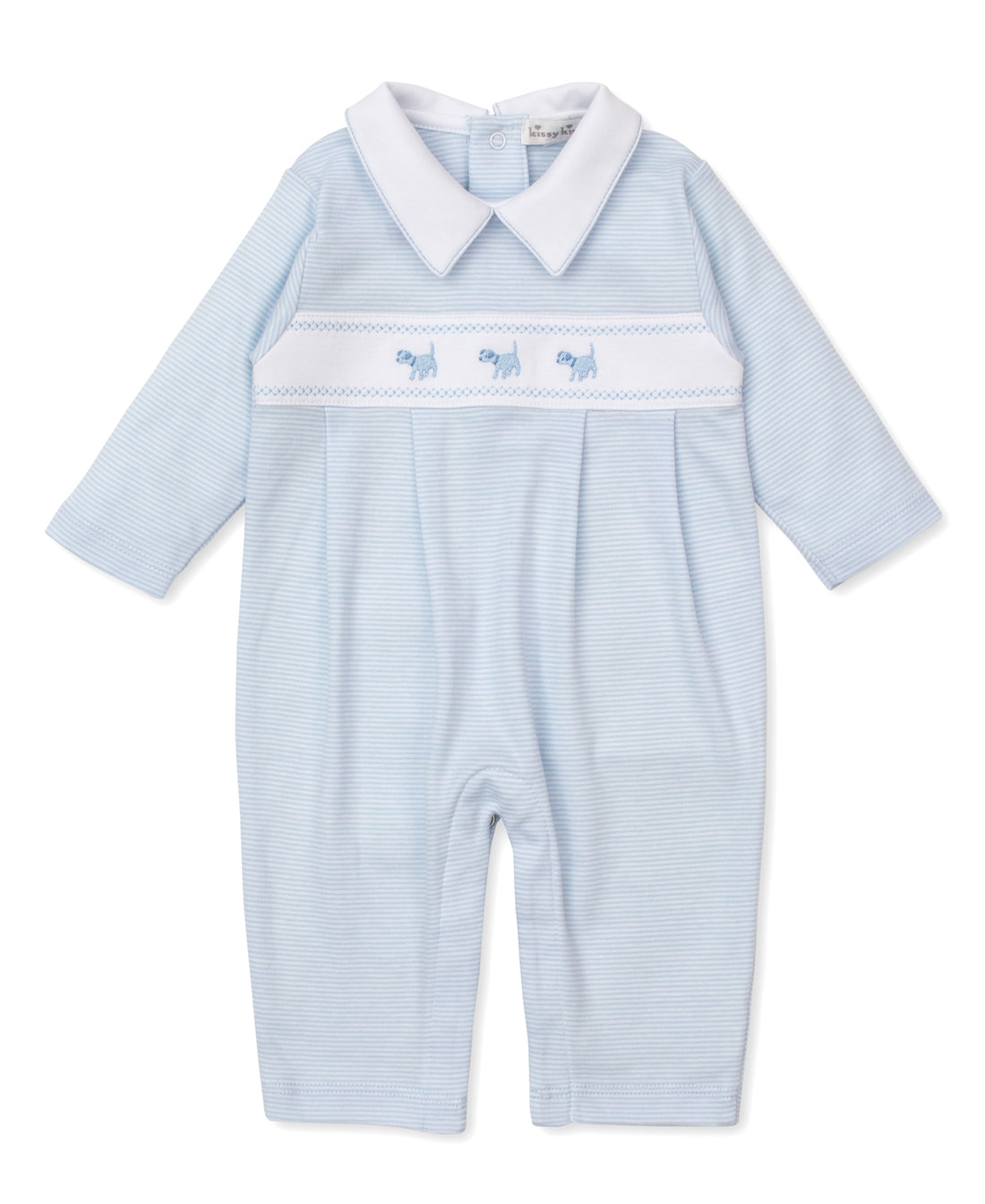 Classic Treasures FA25 Light Blue Stripe Collared Playsuit with Puppy Embroidery
