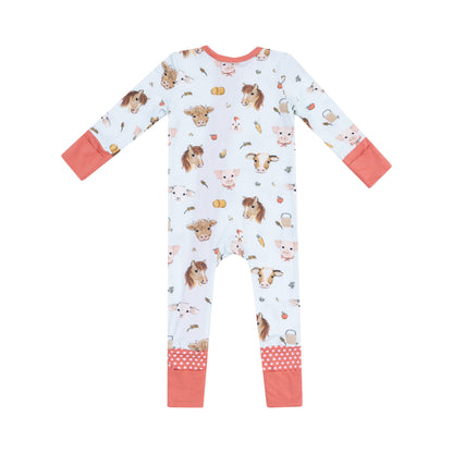Vintage Animal Faces 2-Way Zipper Romper: Blue
