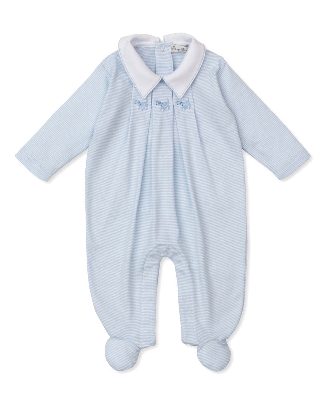 Classic Treasures FA25 Light Blue Stripe Collared Footie with Puppy Embroidery