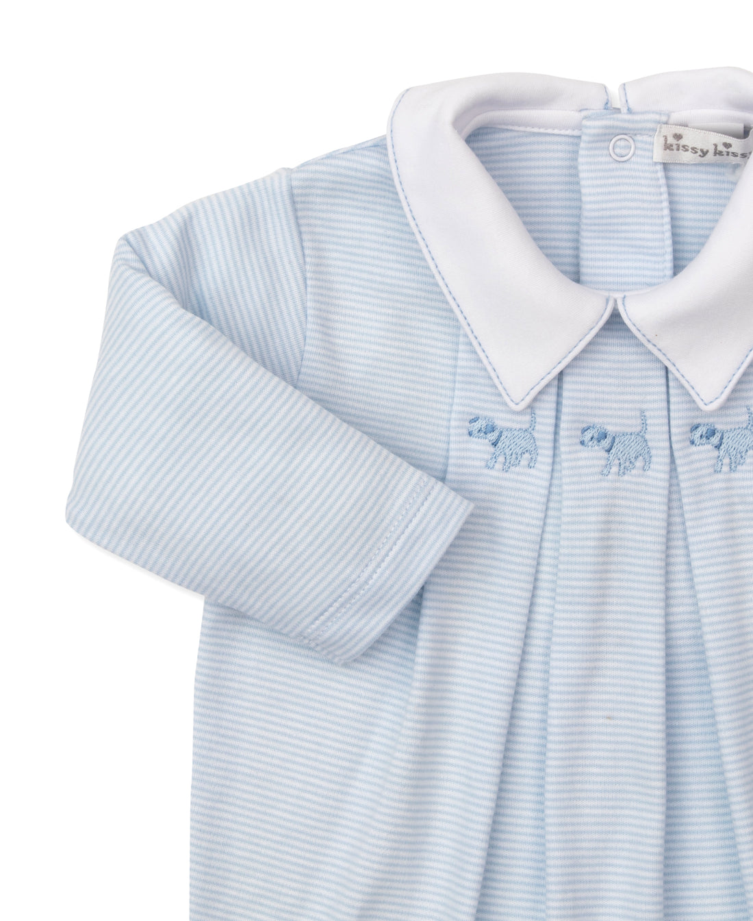 Classic Treasures FA25 Light Blue Stripe Collared Footie with Puppy Embroidery