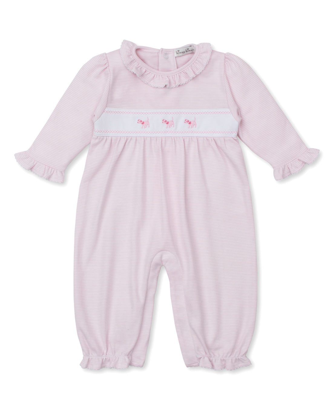 Classic Treasures FA25 Light Pink Stripe Collared Playsuit with Puppy Embroidery