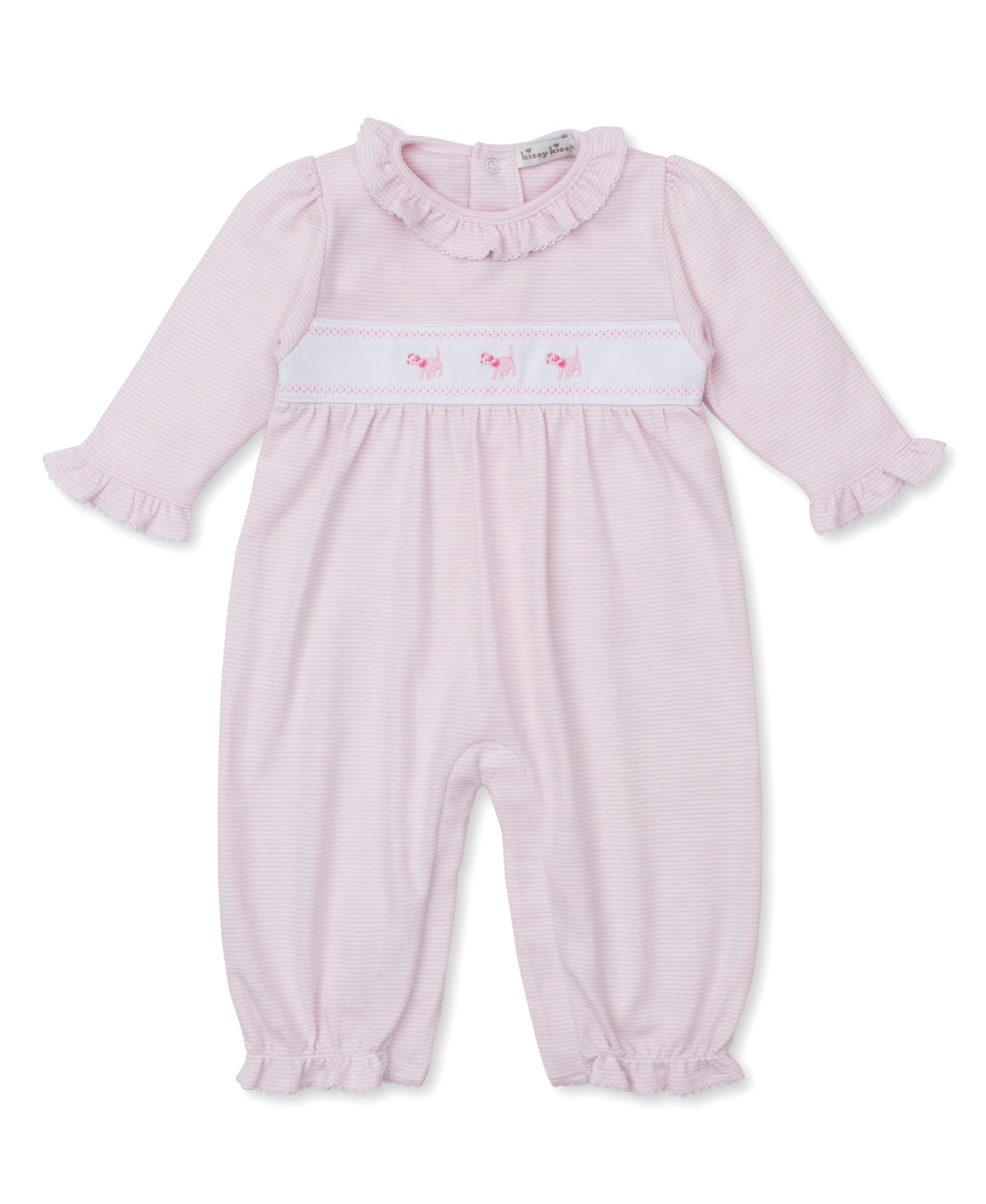 Classic Treasures FA25 Light Pink Stripe Collared Playsuit with Puppy Embroidery