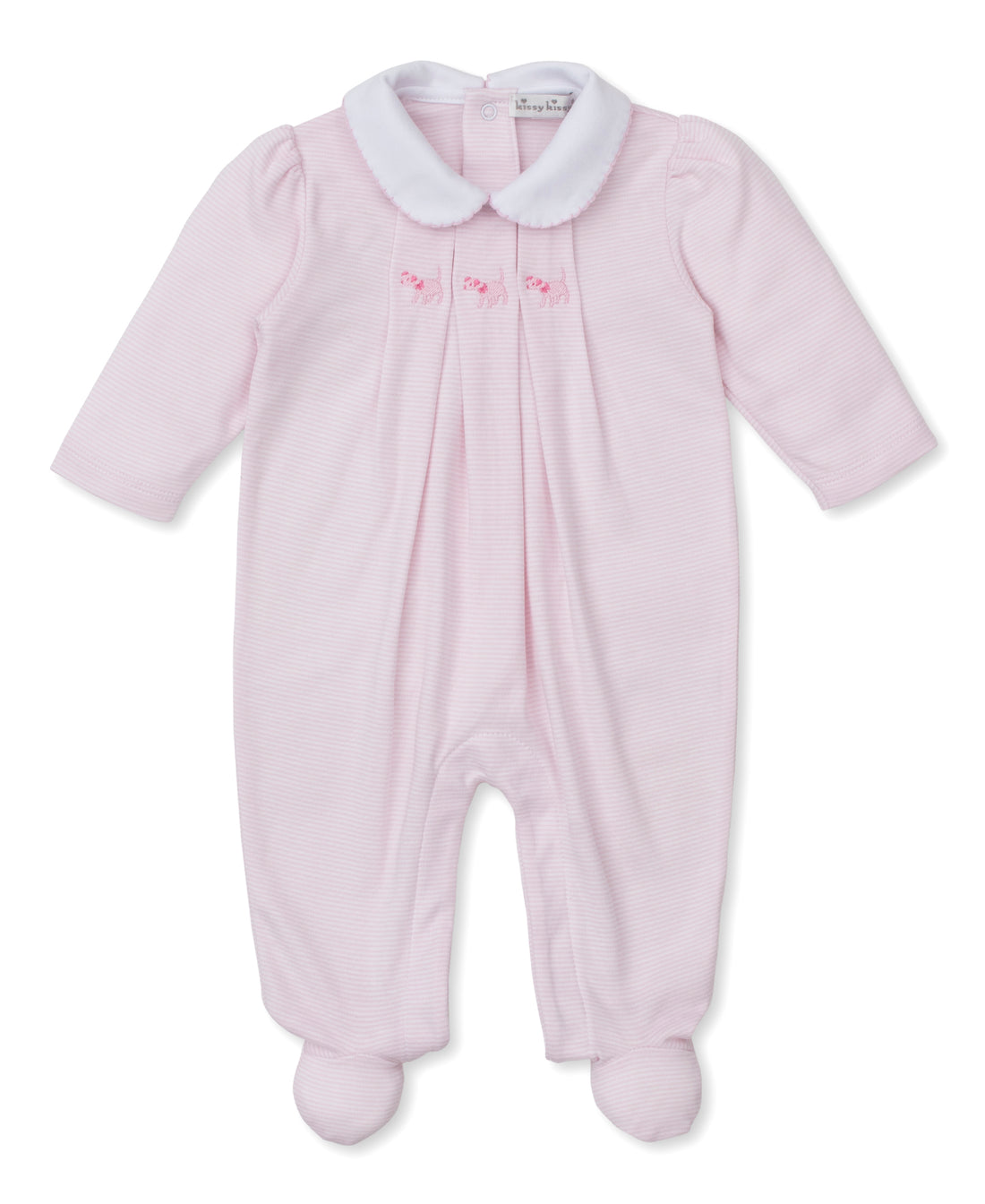 Classic Treasures FA25 Light Pink Stripe Collared Footie with Puppy Embroidery