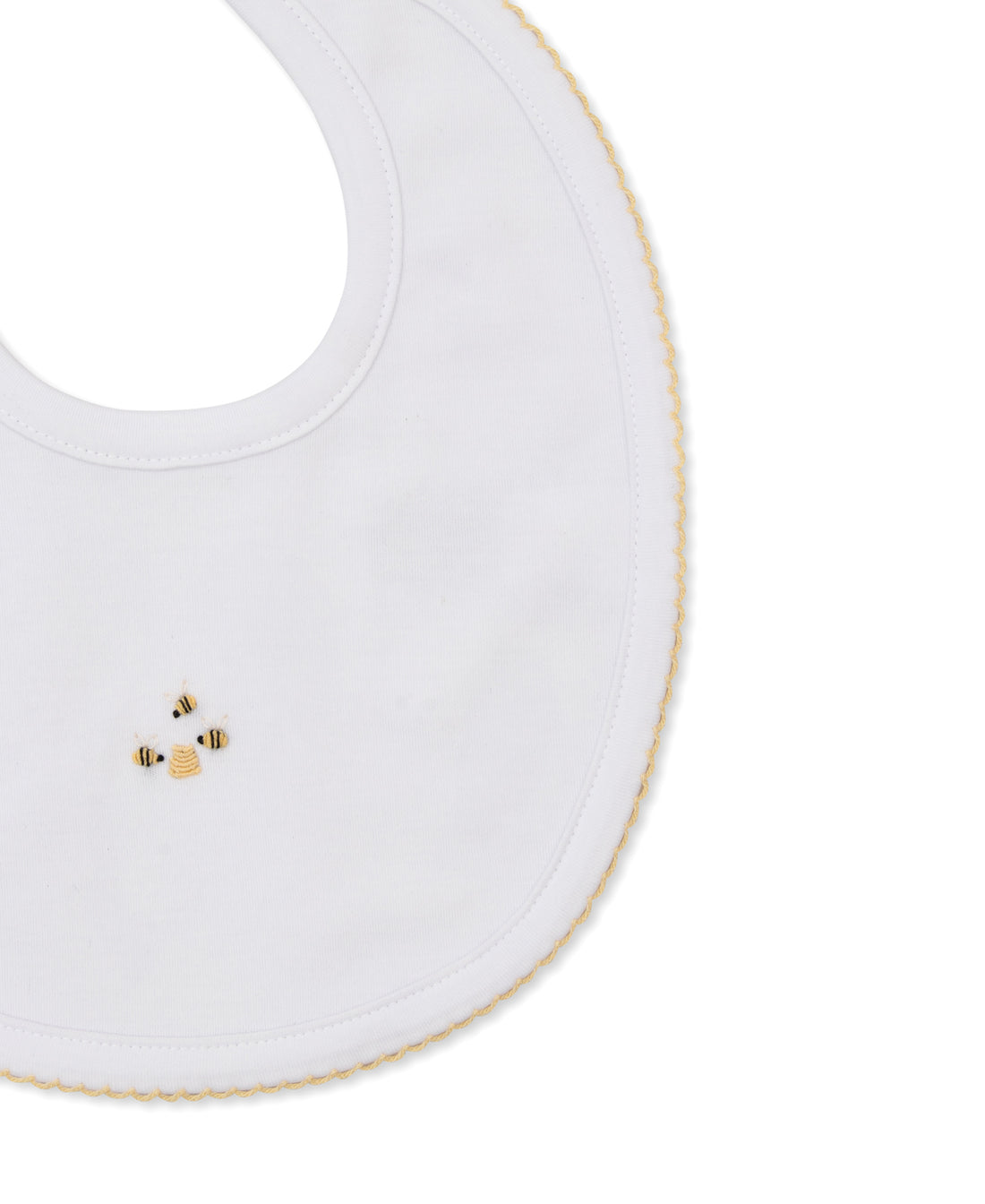 Beehive Hand Embroidered Bib: White with Yellow Trim