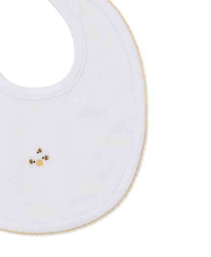 Beehive Hand Embroidered Bib: White with Yellow Trim
