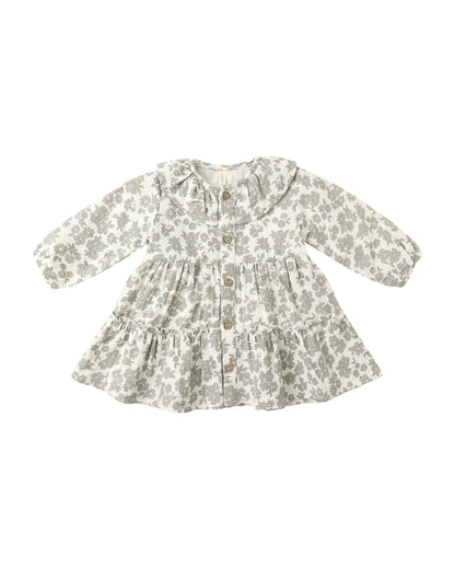 Ruffle Collar Button Dress: Green Floral