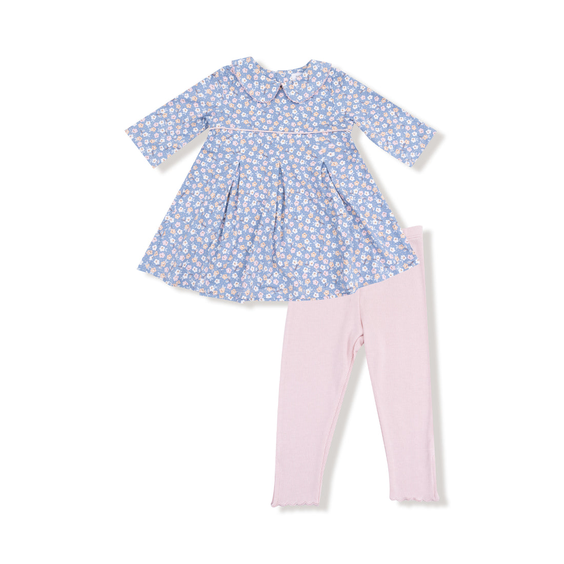 Country Calico Box Pleat Dress W/ 3/4 Sleeve + Peter Pan Collar &amp; Rib Leggings