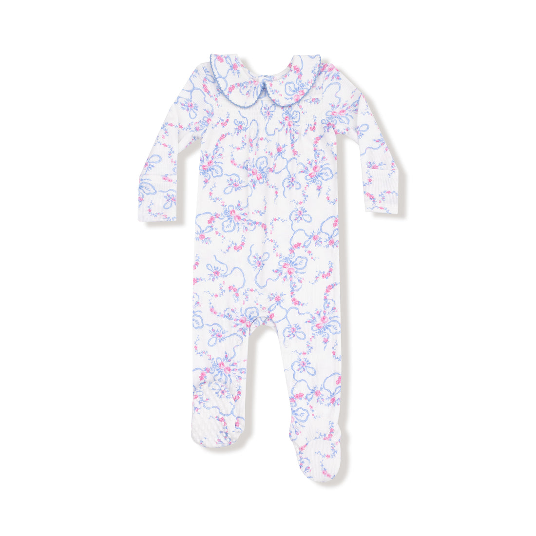 Ribbon Floral Fling Smocked Peter Pan Snap Footie