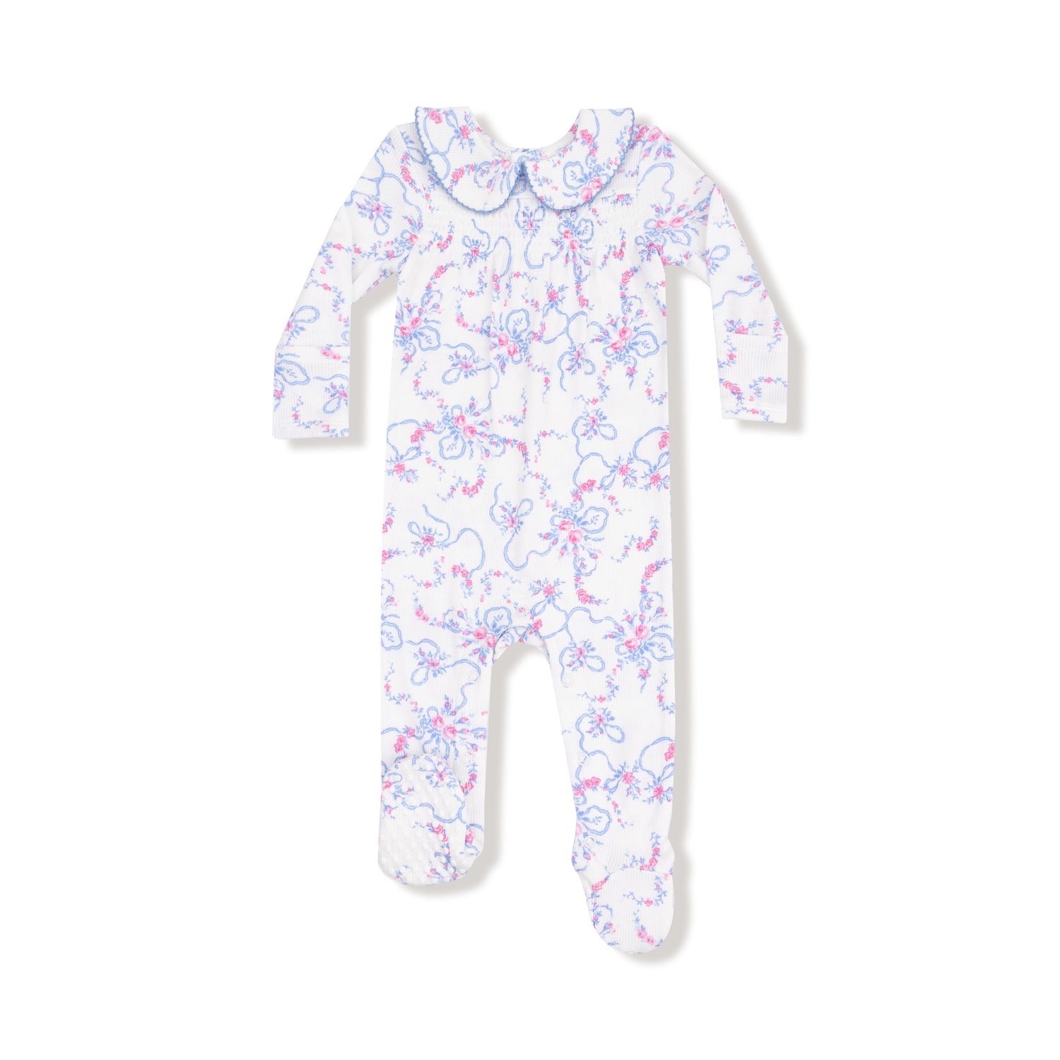 Ribbon Floral Fling Smocked Peter Pan Snap Footie