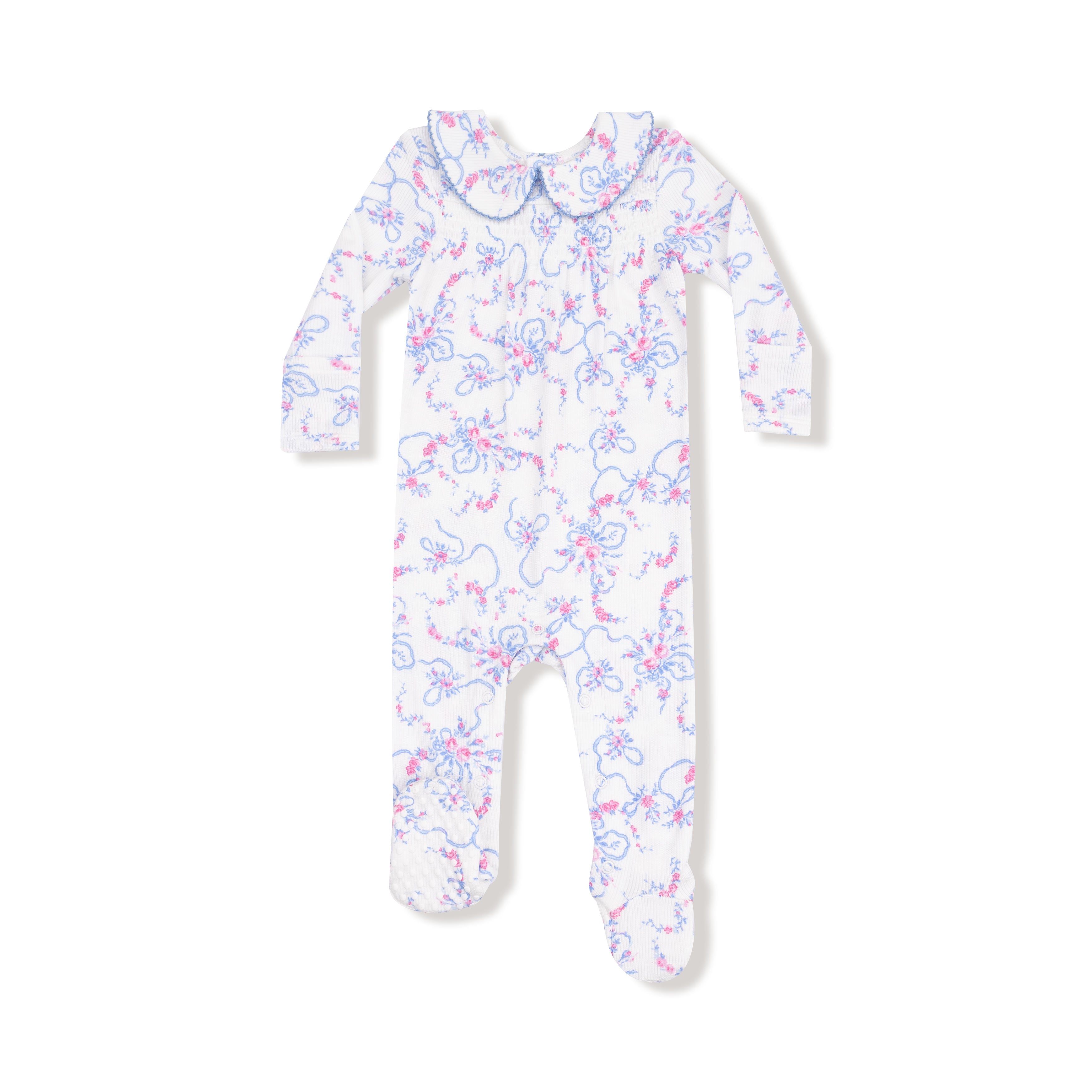 Ribbon Floral Fling Smocked Peter Pan Snap Footie