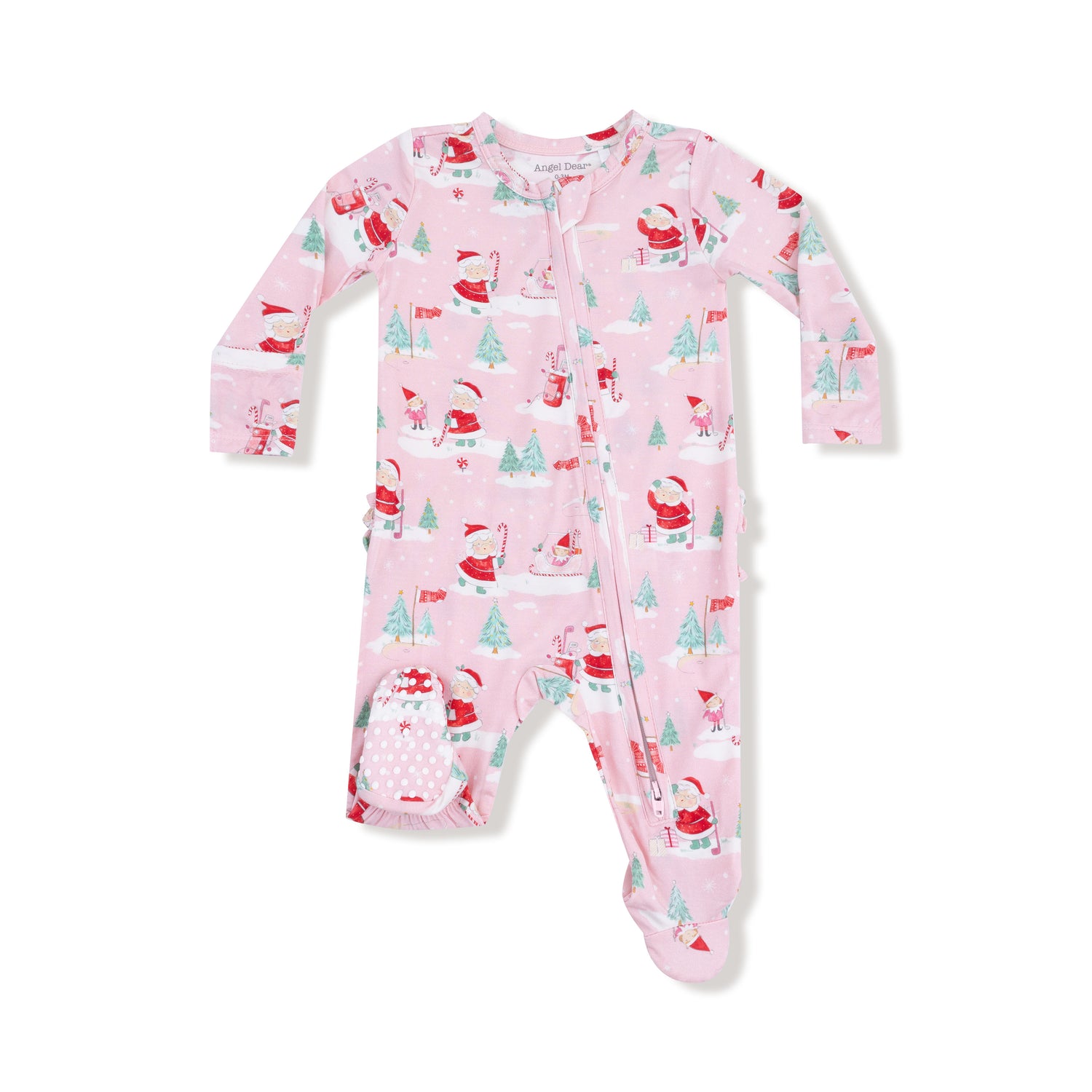 Golfing Mrs. Claus And Elves 2 Way Zipper Ruffle Back Footie