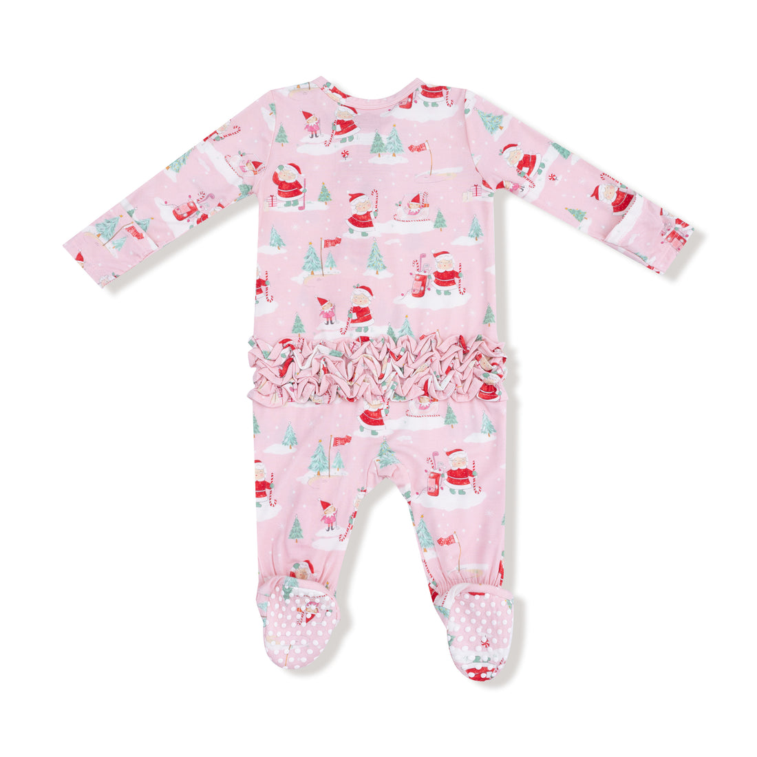 Golfing Mrs. Claus And Elves 2 Way Zipper Ruffle Back Footie