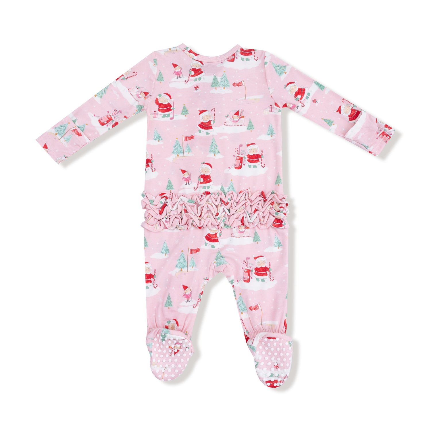 Golfing Mrs. Claus And Elves 2 Way Zipper Ruffle Back Footie