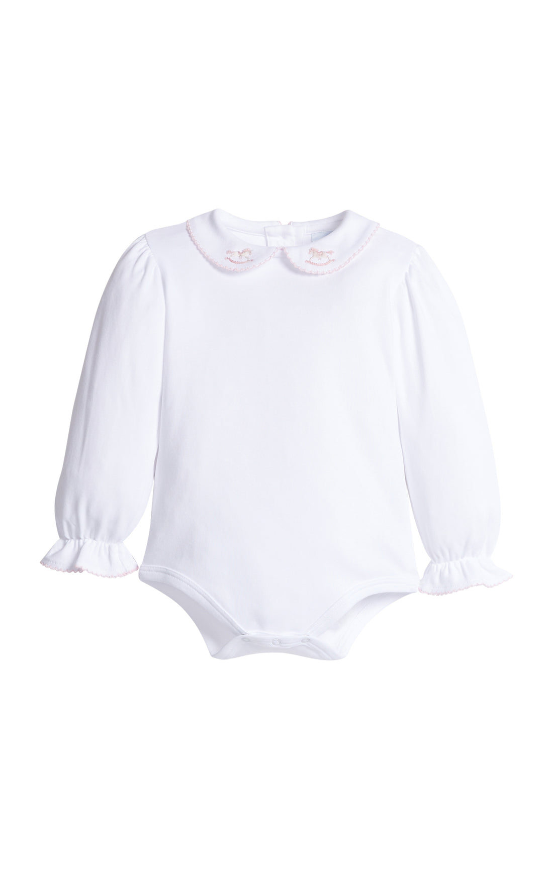 Long Sleeve Pinpoint Onesie: Pink Rocking Horse
