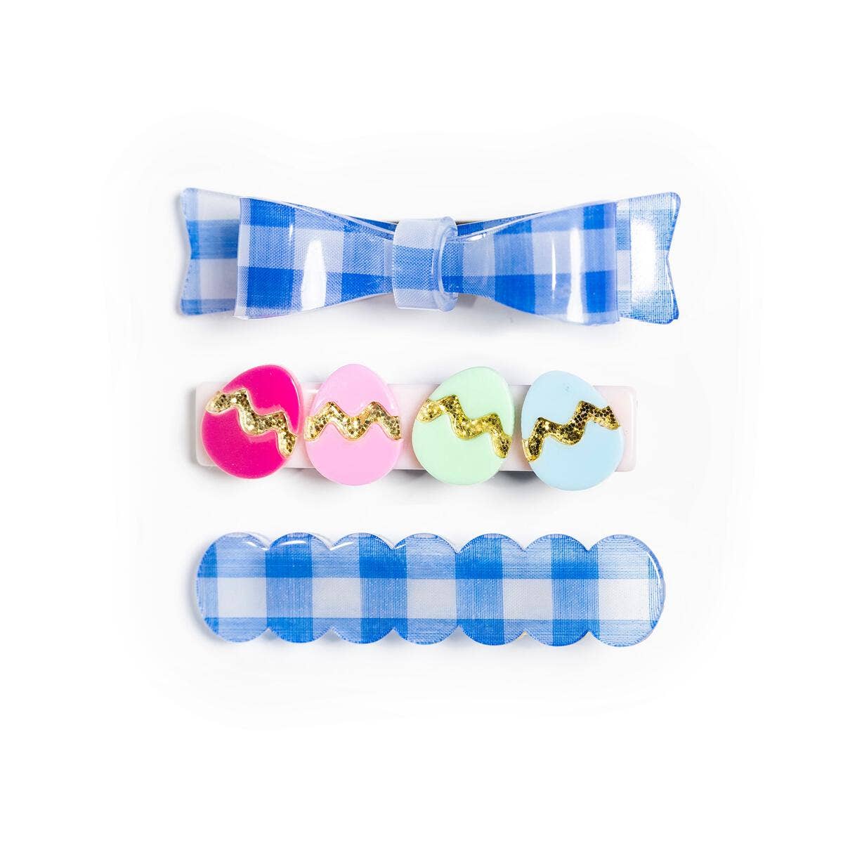 Colorful Easter Eggs W Blue Plaid Bow (Set of 3)