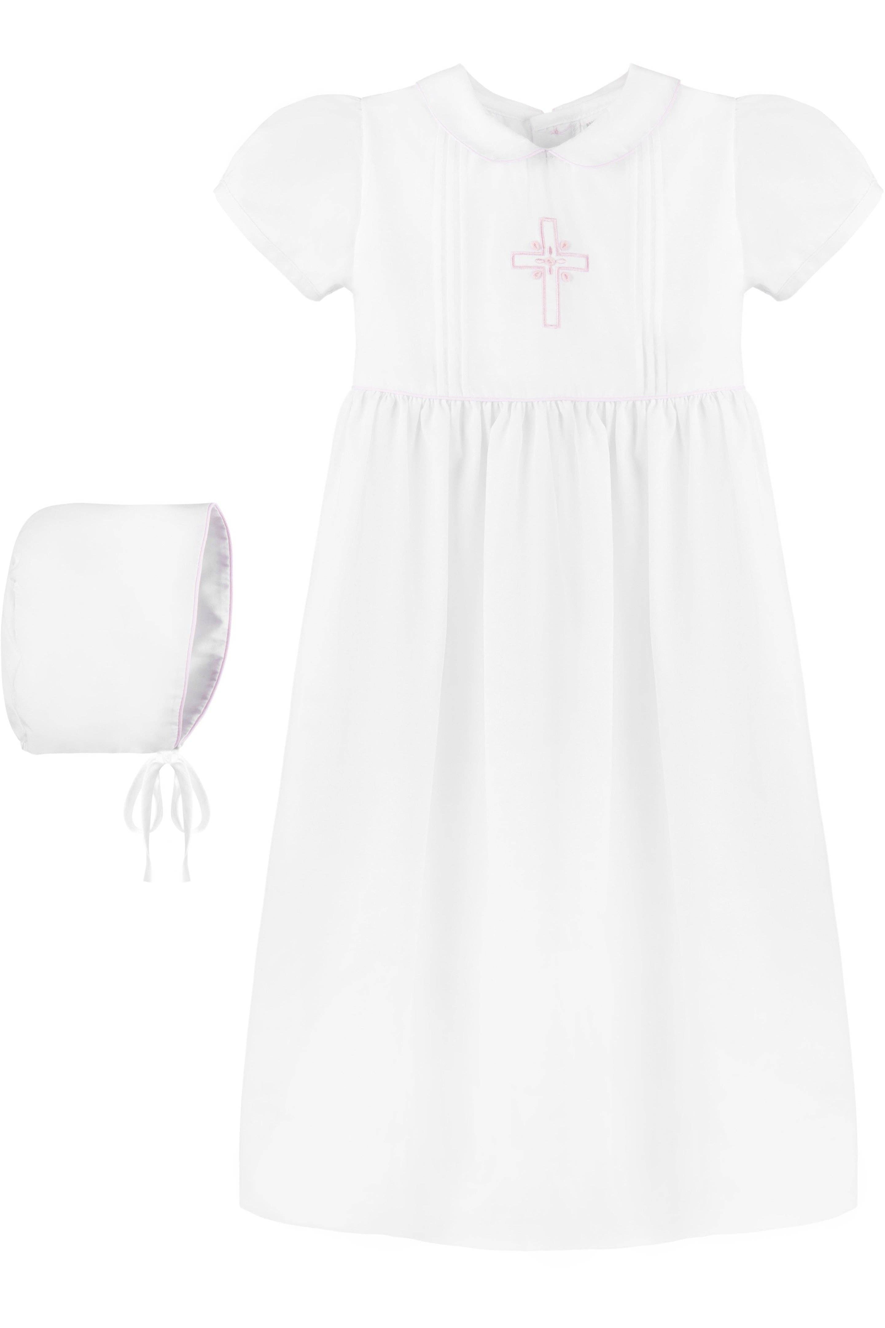 Julius Berger &amp; Carriage Boutique - Baby Girl Pink Embroidered Cross Christening Gown + Bonnet